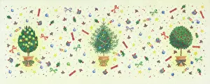 Scattered: Three trees in pots with Christmas decorations