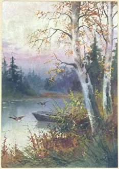 Halford: Trees by a river with boat and mallard ducks