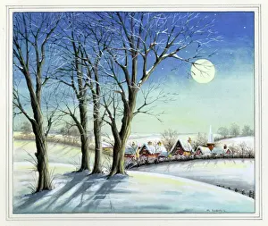 Snowscene: Trees and village in snow with full moon