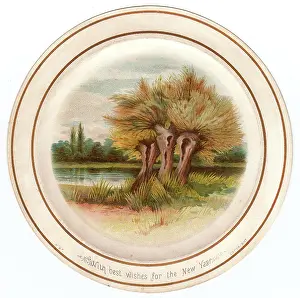 Clump: Trees by the waterside on a circular New Year card