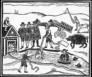 Ducking: Trial of a witch by ducking in the mill stream
