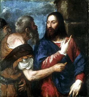 Tribute: The Tribute Money.. Christ in red robe with blue