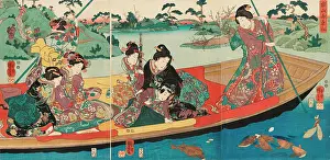 Kuniyoshi: Triptych - Ladies in a boat