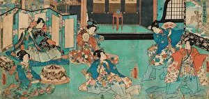 Kunisada: Triptych - Seated ladies in a house