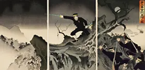 Shui: Triptych - Soldiers clambering over rocks in moonlight