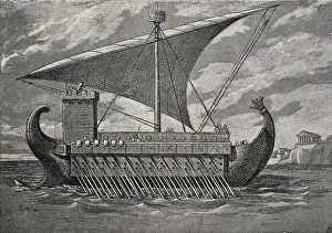 Romana: Trirreme romana. 19th c. Engraving. Engraving. SPAIN