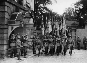 Marquee: Troop flags are carried to the marquee, 1935