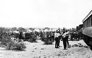 Unloaded: Troops at a railhead unloading supplies, South Africa, WW1