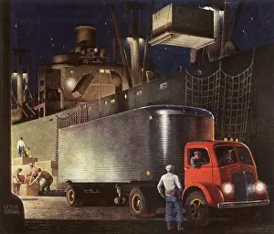 Oceanliner: Truck next to Ship loading cargo at night