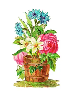 Cornflower: Tub of assorted flowers on a Victorian scrap
