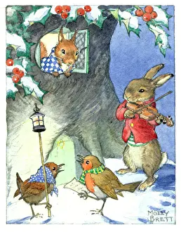 Tune: A Tune for Christmas - rabbit with violin and robin and wre
