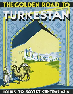 Turkestan: Turkestan - Camel Trader passes below an archway