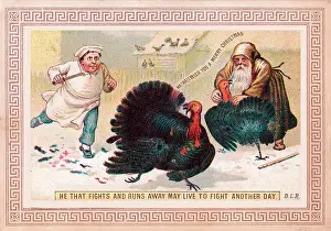 Poulterer: Turkey escaping the poulterer on a Christmas card