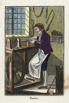 Treadle: A turner in apron using a foot-powered treadle