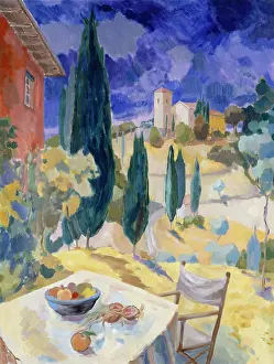Lucian: Tuscan View ' Table, Church, Cypress Trees