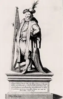 Tycho: Tycho Brahe holding a sextant. Engraving from