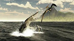 Pteranodon: A Tylosaurus jumps out of the water, attacking a Pteranodon