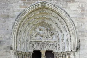 Rustique: Tympanum, North transept portal, Basilique Saint-Denis