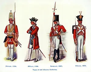 1780: Four types of old Infantry Uniforms, 1750-1835