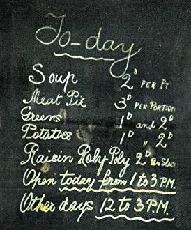 Canteens: Typical menu at a communal kitchen, WW1