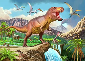 Tyrannosaurus: Tyrannosaurus rex roaring at the top of a waterfall