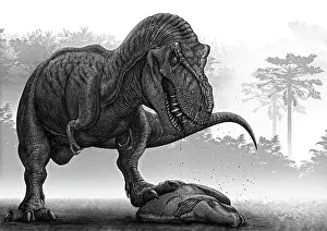 Edmontosaurus: Tyrannosaurus rex standing over its recent kill
