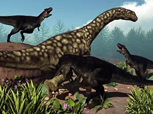 Ambush: Three Tyrannotitans attacking an Argentinosaurus dinosaur