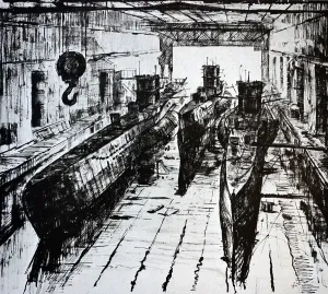 Submarines: A U-boat submarine dock with three submarines