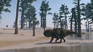 Neoceratopsia: Udanoceratops walking along the water's edge