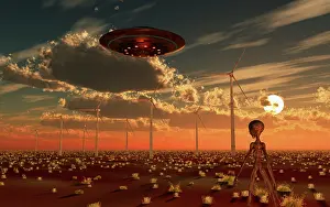 Generator: A UFO and alien on a desert wind farm