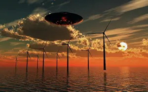 Generator: A UFO flying above an ocean wind farm at sunset