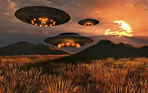 Midair: UFO's hovering over a wheat field while in the