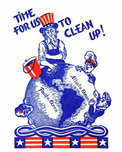 Cowering: Uncle Sam cleans up the Globe - USA - WW2 Propaganda