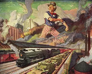 Nationalistic: Uncle Sam standing over Railroad, Tanks, and Factories