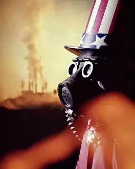 Polluting: Uncle Sam Wearing a Gas Mask and Goggles