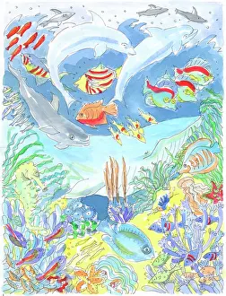 Underwater Scene with dolphins and fish