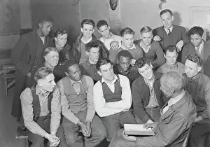 Unemployment: Unemployed men attending meeting of the Workers