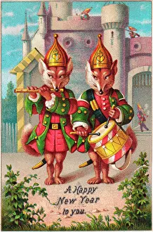 Drumsticks: Two uniformed foxes on a New Year card