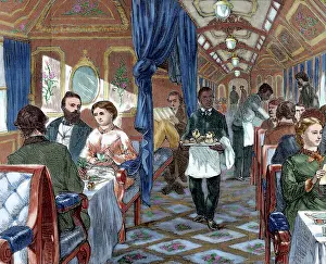 1869: Union Pacific Company. First-class dining car. USA
