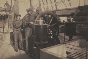 Lcgr1810: Union sailors at the ships wheel aboard the