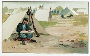 C1888: Union soldier making a drawing while sitting in front of ten