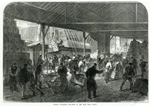 Harbours: Unloading tea in docks 1867