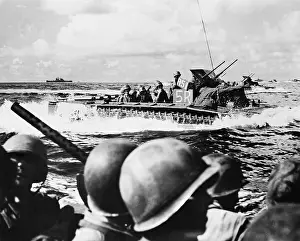 Lcgr1311: U.S. landing craft approach the beach of Angaur