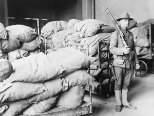 20 30 Years Old: U.S. Marine standing guard over sacks of mail, Washington