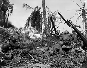 Throwers: U.S. Marines use flame throwers against a Japanese