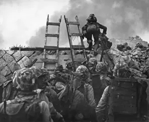 Seawall: U.S. Marines use scaling ladders to storm ashore