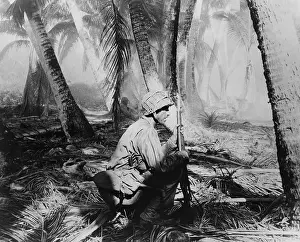 Lcgr1407: U.S. Soldiers crouch on palm fronds as they push