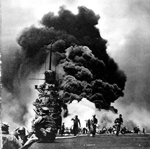 USS Bunker Hill on fire, Second World War, 1945