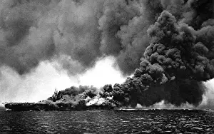 USS Bunker Hill on fire, Second World War, 1945