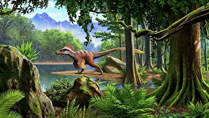 Triassic: Utahraptor in a North American forest during the